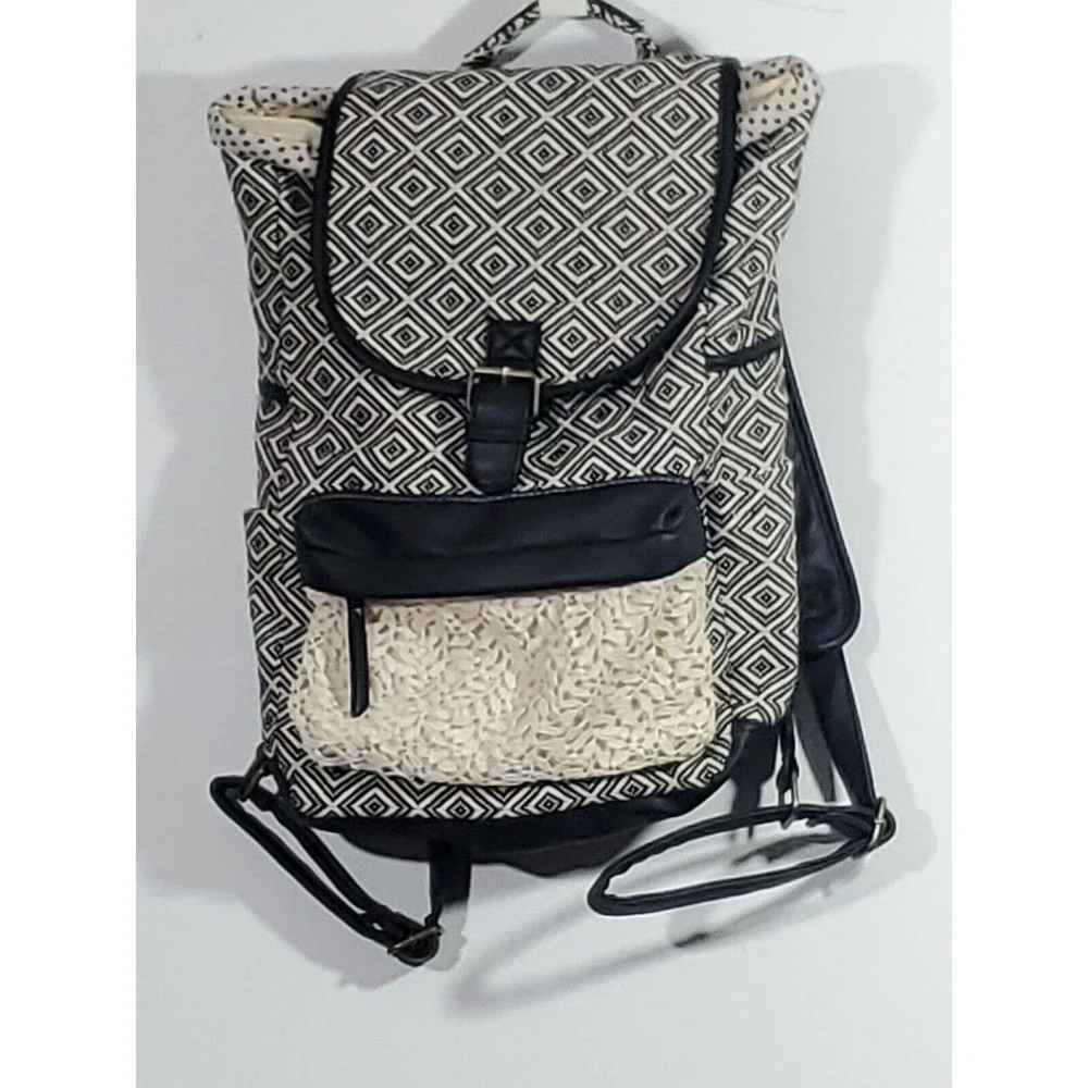 Madden Girl Bookbag Backpack Rucksack Ivory Black Med Embroidery Diamond Pattern